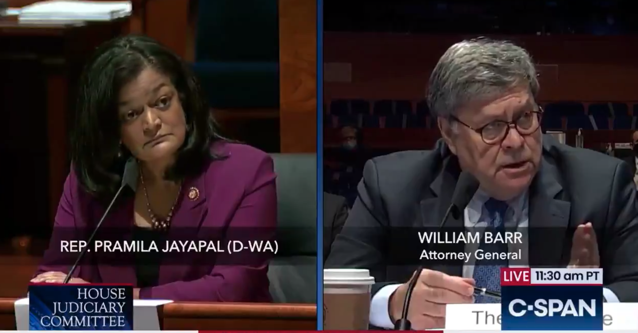 Rep. Pramila Jayapal and Attorney General William Barr.