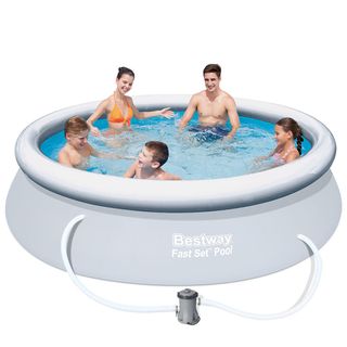 family pool with round and white background