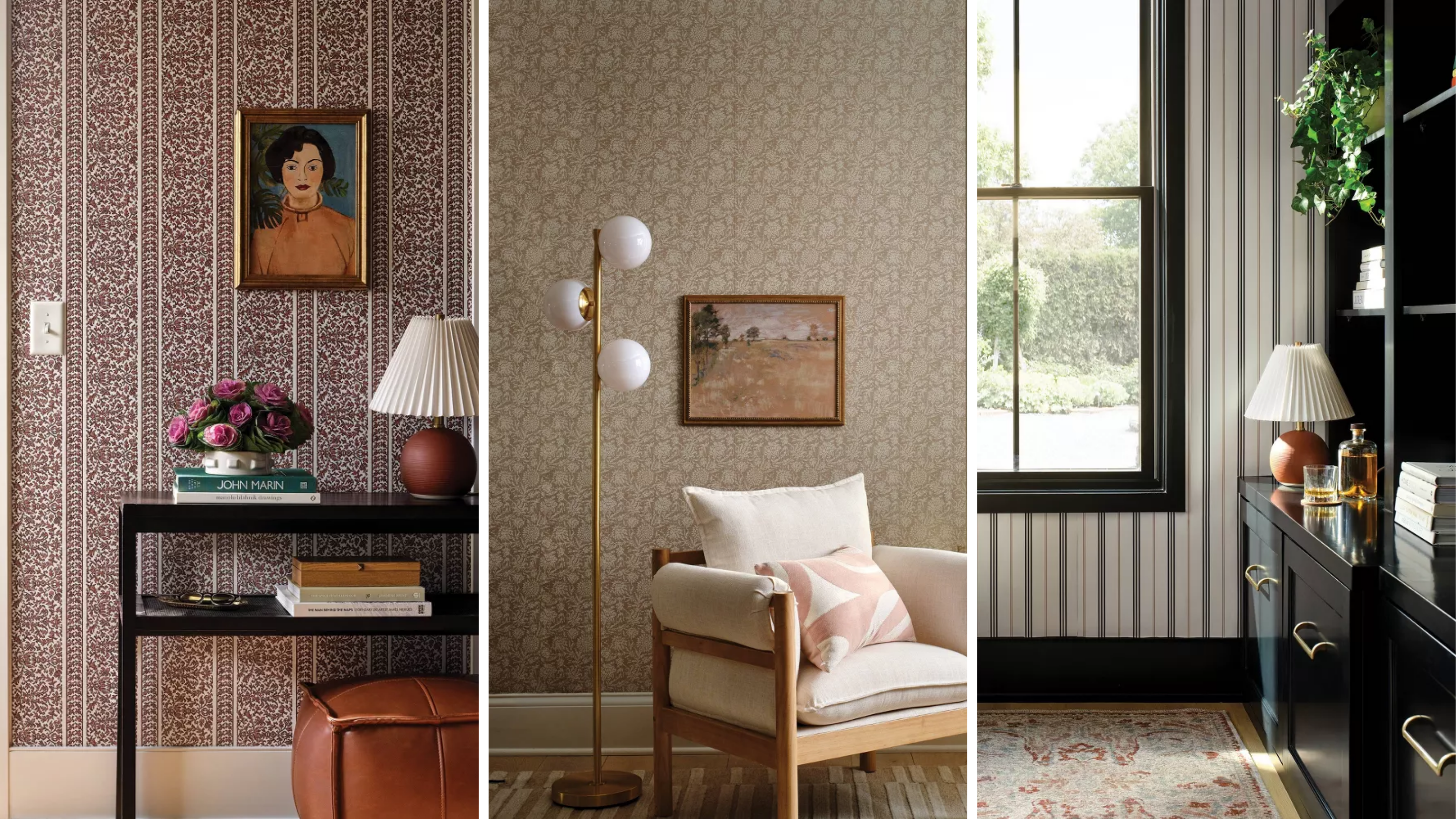 three rooms with decorative peel and stick wallpaper on the walls