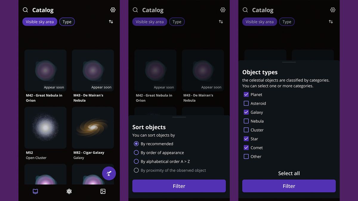 Screenshots of the Unistellar app in use