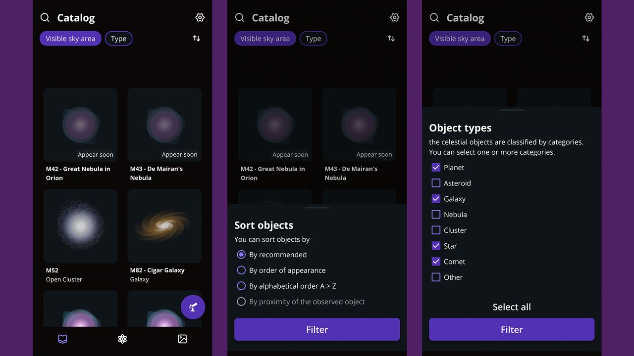 Screenshots of the Unistellar app in use