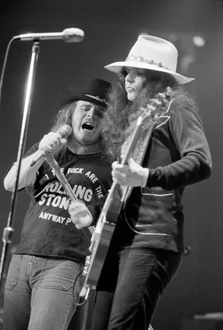Ronnie Van Zant and Gary Rossington of Lynyrd Skynyrd perform at the Omni Coliseum on July 5, 1975 in Atlanta, Georgia