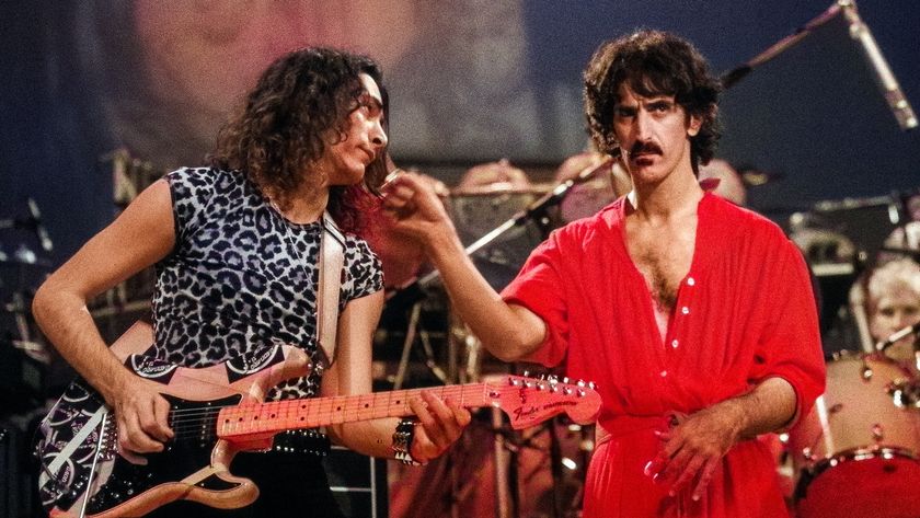 American musicians Steve Vai (left), on guitar, and Frank Zappa (1940 - 1993) perform on stage at the Palladium, New York, New York, October 31, 1981.