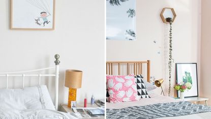 bedroom makeover with light pink wall and double bed