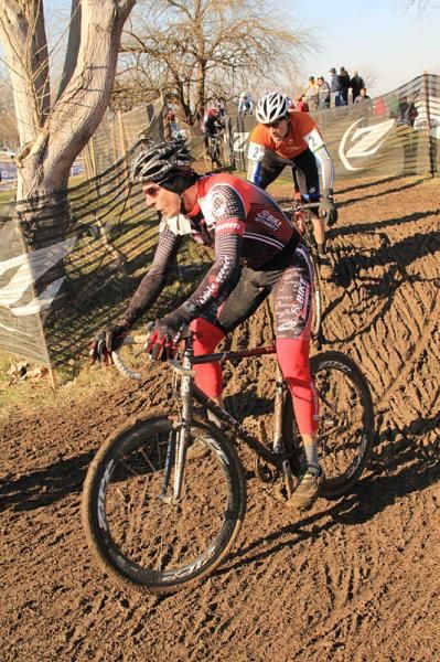 Competitors in the men's 55-59 rode through muddy conditions in Louisville, KY