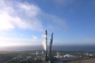 A SpaceX Falcon 9 rocket carrying 22 Starlink satellites is seen poised for launch at Complex 4 East (SLC-4E) at Vandenberg Space Force Base in California on Tuesday, Jan. 23, 2024.