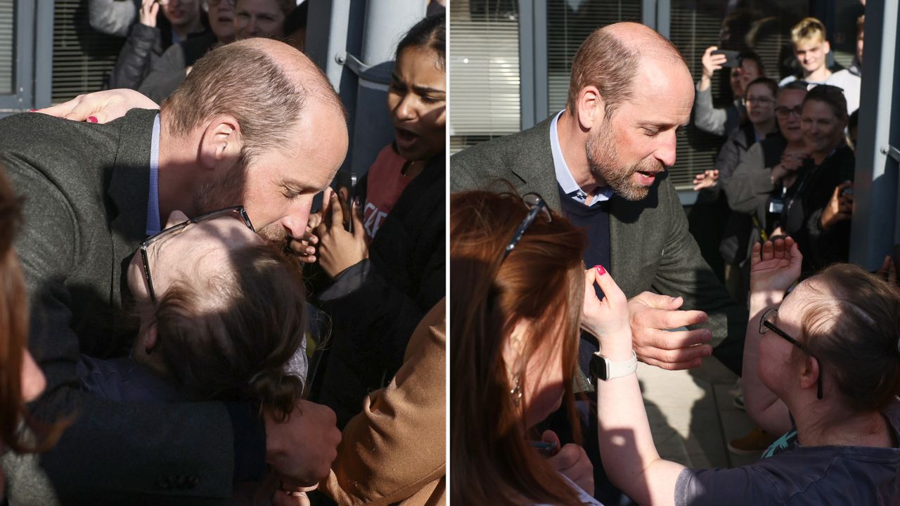 Prince William embraces fan Natasha Gorry during visit to Homewards Bournemouth, Christchurch and Poole (BCP) on February 28, 2025