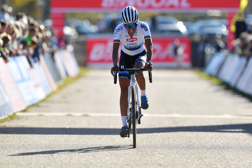 ZONHOVEN BELGIUM OCTOBER 24 Ceylin Del Carmen Alvarado of The Netherlands and Team Alpecin Fenix crosses the finishing line during the 25th Zonhoven UCI CycloCross Worldcup 2021 Womens Elite CXWorldCup UCIcyclocrossWC zonhoven on October 24 2021 in Zonhoven Belgium Photo by Luc ClaessenGetty Images