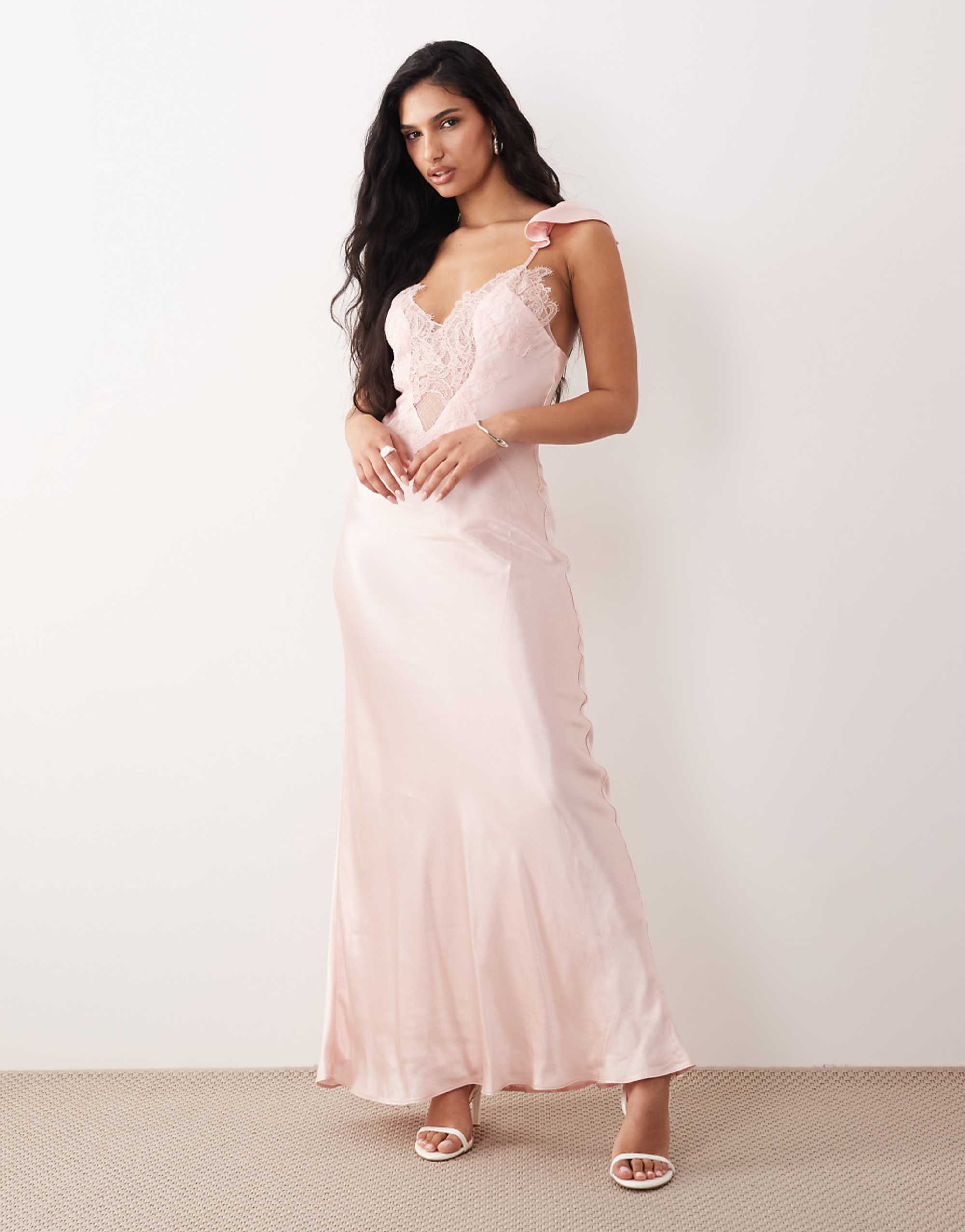 Bardot Ivy Plunge Neck Lace Detailing Satin Maxi Dress in Soft Pink