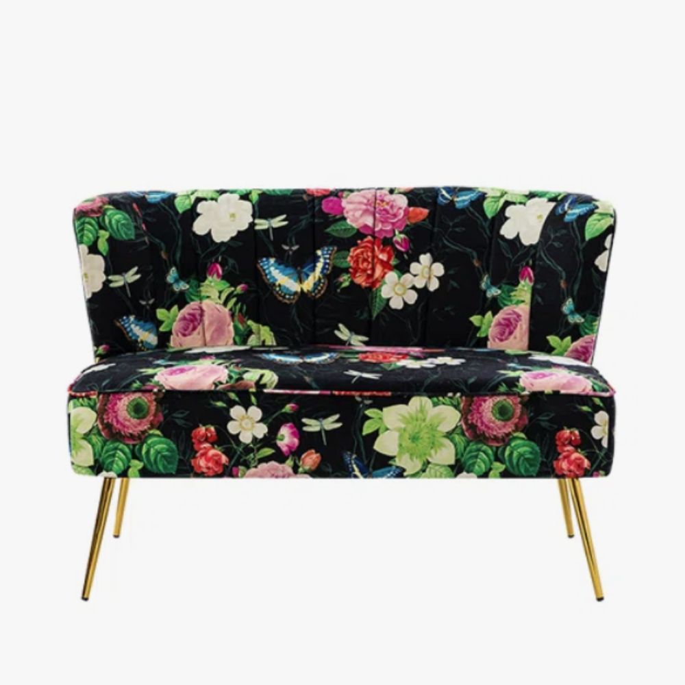 Dark floral printed love seat with metallic legs
