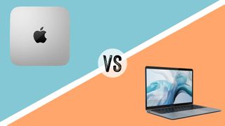 Mac Mini vs MacBook Air product shots on a versus orange and blue background