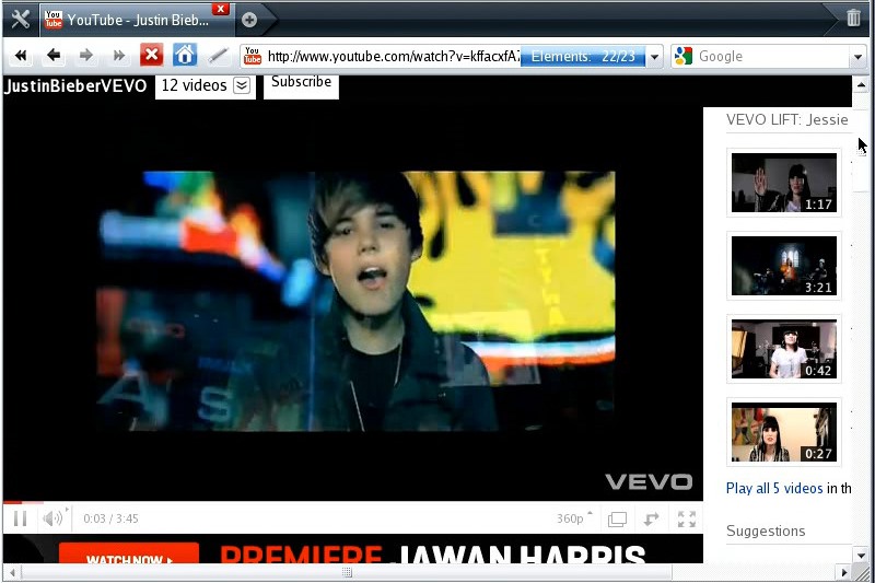 A screenshot of Opera Browser running in Tiny Core Linux, showing a Justin Bieber YouTube video.