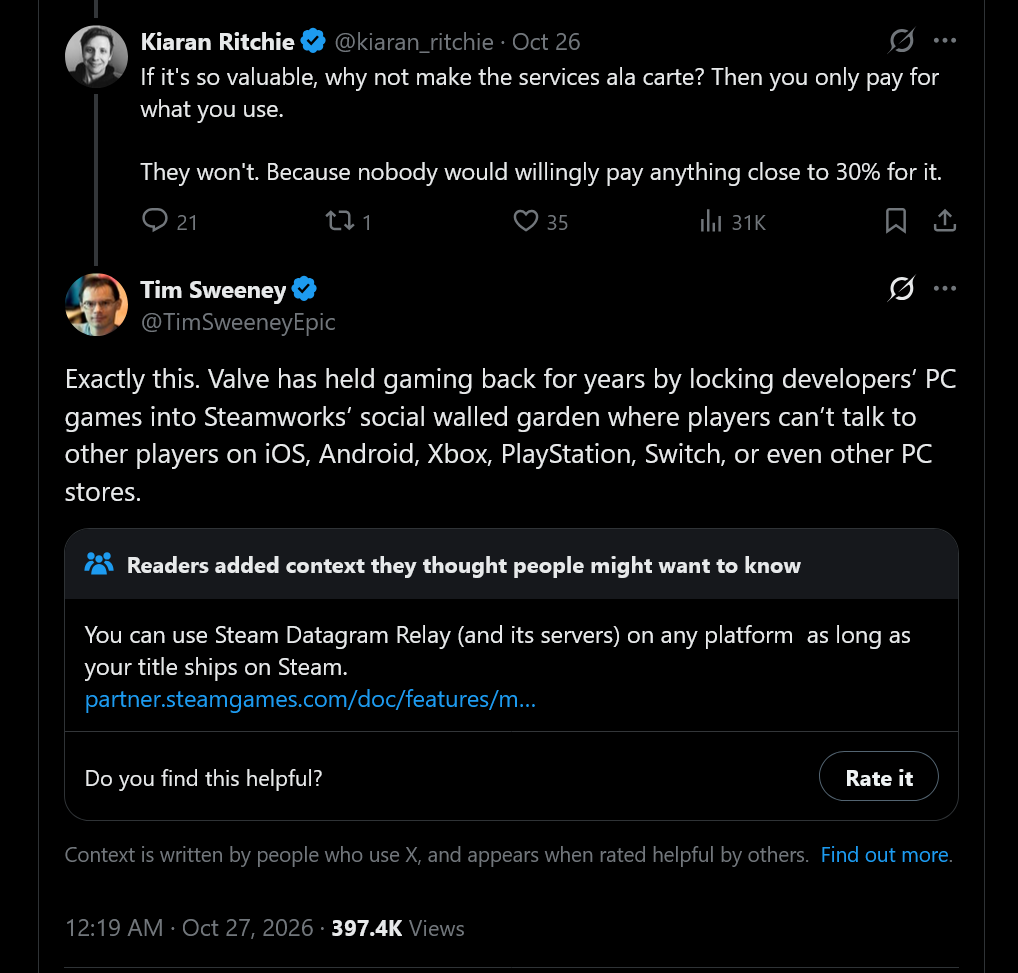 Exactly this. Valve has held gaming back for years by locking developers&amp;rsquo; PC games into Steamworks&amp;rsquo; social walled garden where players can&amp;rsquo;t talk to other players on iOS, Android, Xbox, PlayStation, Switch, or even other PC stores.