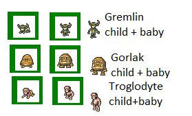 A comparison between the adult and baby sprites for the gremlin, gorlak, and troglodyte creatures in Dwarf Fortress.