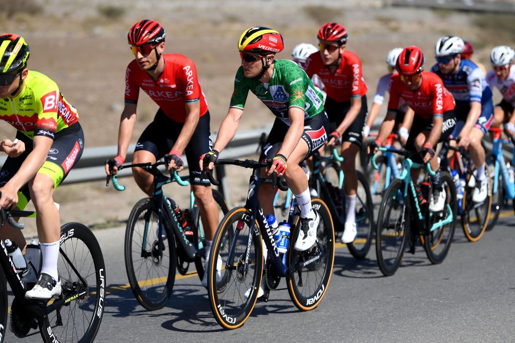 JABAL HATT OMAN FEBRUARY 13 Tim Merlier of Belgium and Team Soudal Quick Step Green Points Jersey competes during the 12th Tour of Oman 2023 Stage 3 a 1518km stage from Al Khobar to Jabal Hatt 1000m TourofOman on February 13 2023 in Jabal Hatt Oman Photo by Alex BroadwayGetty Images