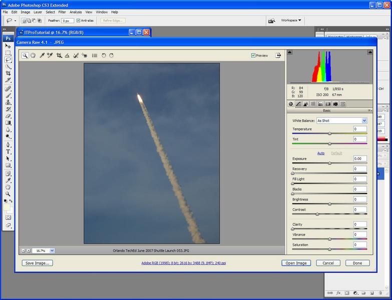Step 11: Adobe's camera RAW tool can be used for initial processing.