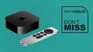Apple TV 4K on a cyan background with TechRadar logo and "Don't Miss" text in black