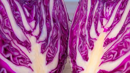 very close up of purple cabbage on cutting board 