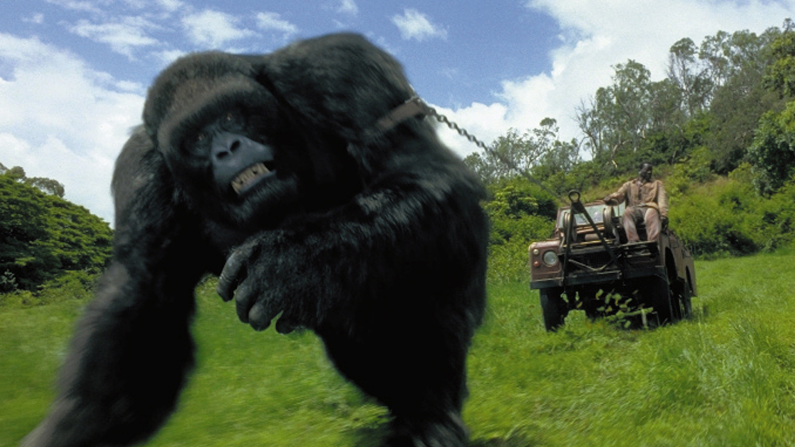 Best CGI movies of the 90s; a large ape is chased by people in a jeep