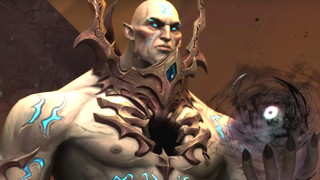 The Jailer from World of Warcraft: Shadowlands holds a super ominous ball of shadow energy in is mega-evil hand.