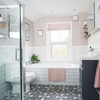Bathroom makeover patterned floor blush walll