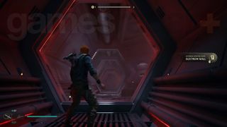 Star Wars Jedi Survivor Nova Garon Cal standing in front of a red forcefield barrier