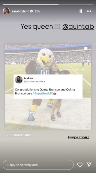 Sarah Hyland's Instagram Story shouting out the Philadelphia Eagles win and Philly fan Quinta Brunson