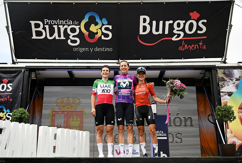 LEZANA DE MENA SPAIN MAY 25 LR Elisa Longo Borghini of Italy and UAE Team ADQ on second place race winner Marlen Reusser of Switzerland and Movistar Team Purple Leader Jersey and Yara Kastelijn of Netherlands and Team FenixDeceuninck on third place pose on the podium ceremony after during the 10th Vuelta a Burgos Feminas 2025 Stage 4 a 941km individual time trial stage from Villasana de Mena to Lezana de Mena UCIWWT on May 25 2025 in Lezana de Mena Spain Photo by Szymon GruchalskiGetty Images