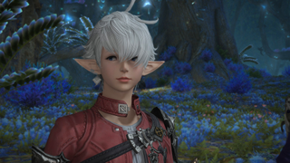 Alisaie, a headstrong ally in Final Fantasy 14: Dawntrail, looks skeptically while standing in the middle of a beautiful blue forest.