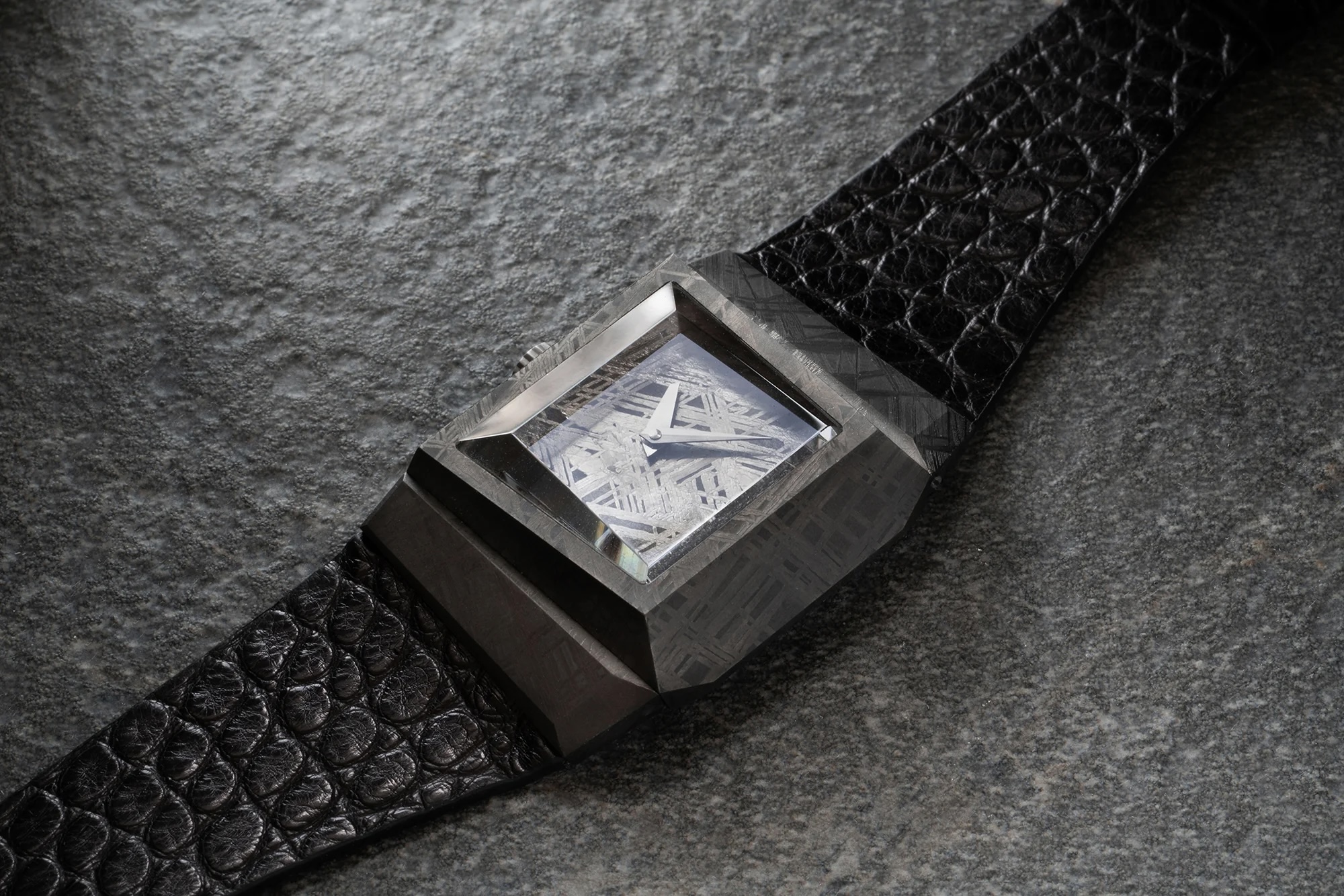 Black leather, and meteorite dial and case watch
