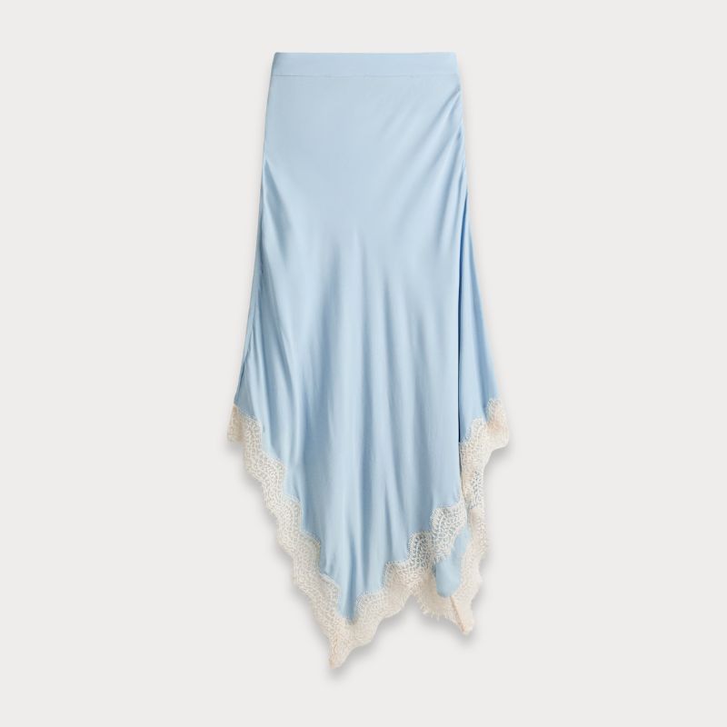 A cutout of a pale blue and lace asymmetric skirt by H&amp;amp;M