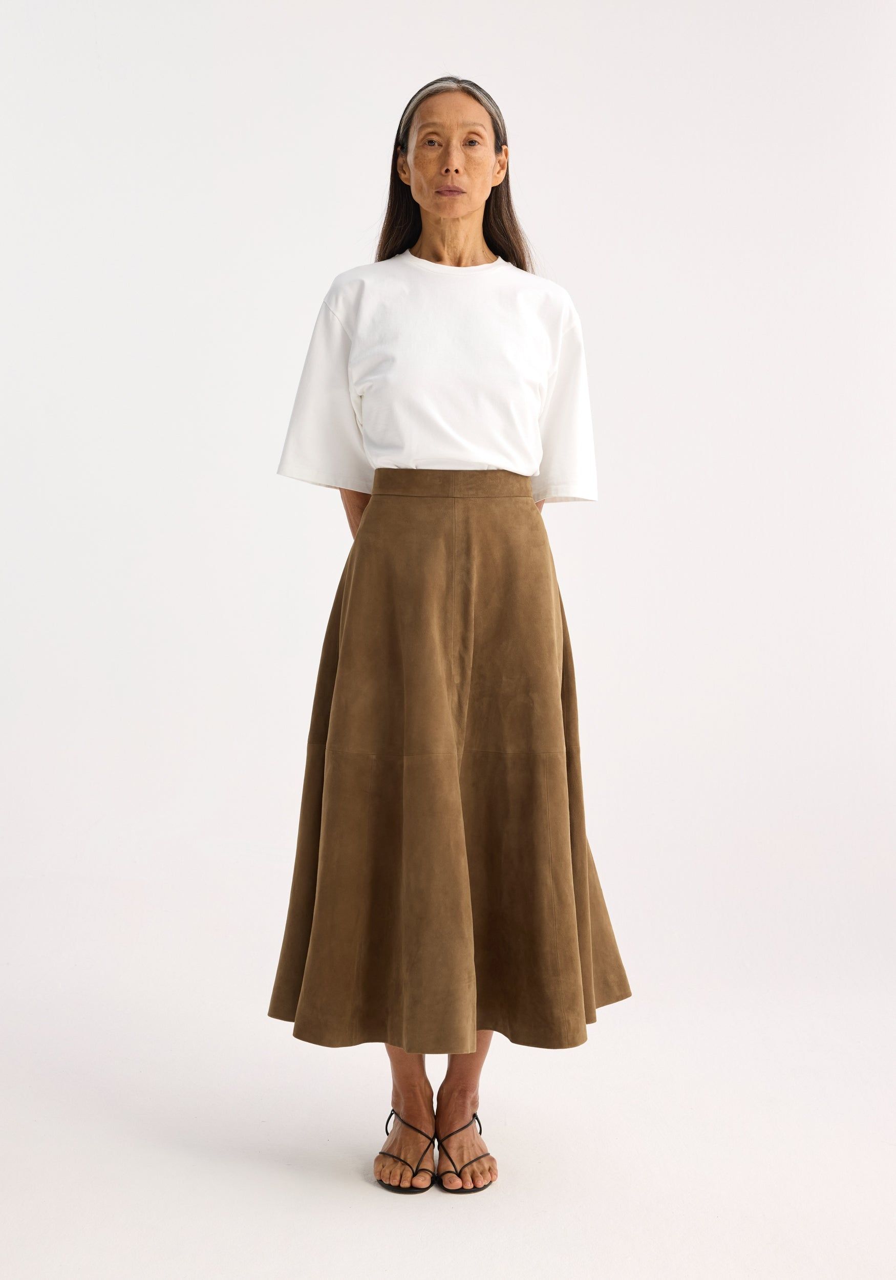 Voluminous A-Line Suede Skirt | Light Khaki