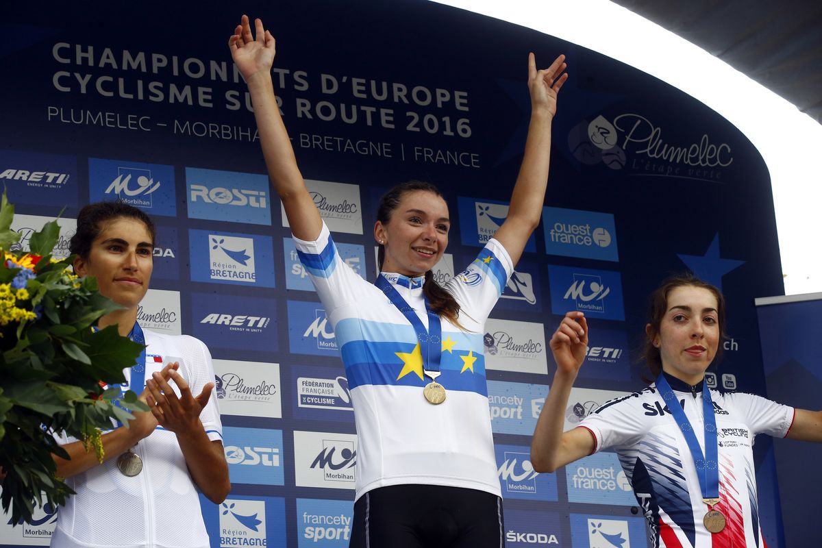 Liane Lippert pulls on the European champion's jersey