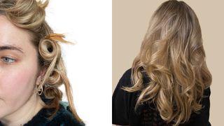 composite of pin curls in hair and the results afterwards