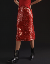 Anthropologie Maeve Sequined Midi Skirt | $140/£98
Constructed from the most festive red hue, and finished with large red sequins, this midi dress is made for a winter wedding. Wear with a cropped knit jumper, some calf-high boots, and a stylish jacket or shrug and you'll be the talk of the crowd when the clock strikes 12.