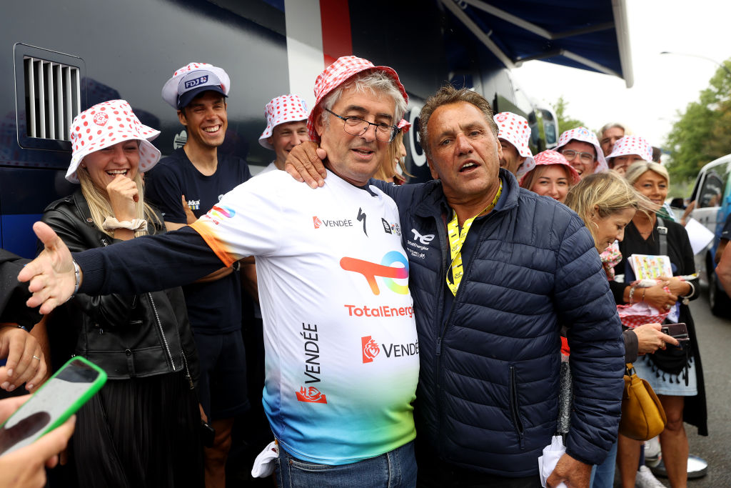 SAINT-QUENTIN-EN-YVELINES, FRANCE - JULY 23: (L-R) Marc Madiot of France general team manager Team Groupama-FDJ and Jean-René Bernaudeau of France general team manager of Team TotalEnergies prior to the stage twenty-one of the 110th Tour de France 2023 / #UCIWT / on July 23, 2023 in Saint-Quentin-en-Yvelines, France. (Photo by Michael Steele/Getty Images)
