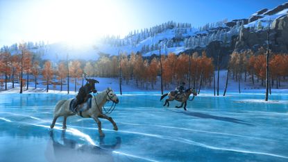 Atsu riding her horse in Ghost of Yotei with the black bars disabled