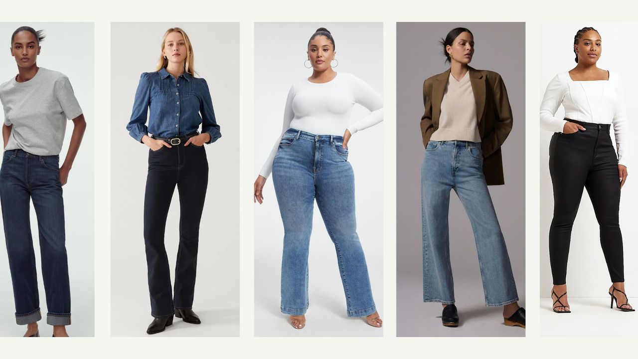 composite of five models wearing the best jeans from Zara, M&amp;S, Good American, Everlane, River Island