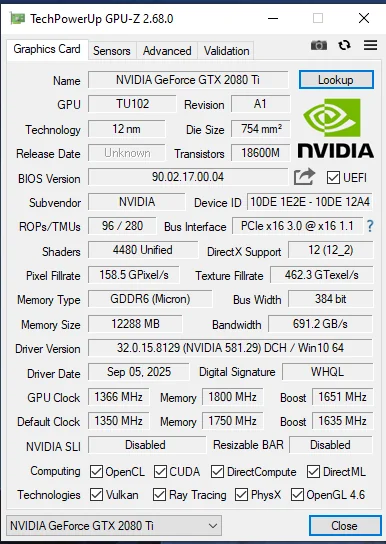 GTX 2080 Ti 12 GB engineering sample