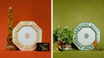 Gergei Erdei tablewear inspired by 1970s Hollywood in orange and green