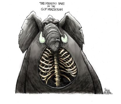 Political cartoon U.S. Republican health care reform AHCA missing heart