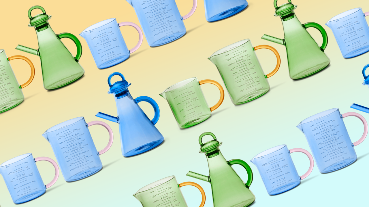 Collage of Great Jones&#039; new glassware collection in blue and green