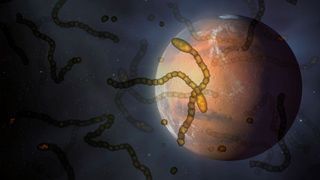 A concept image of alien microbes above Mars.
