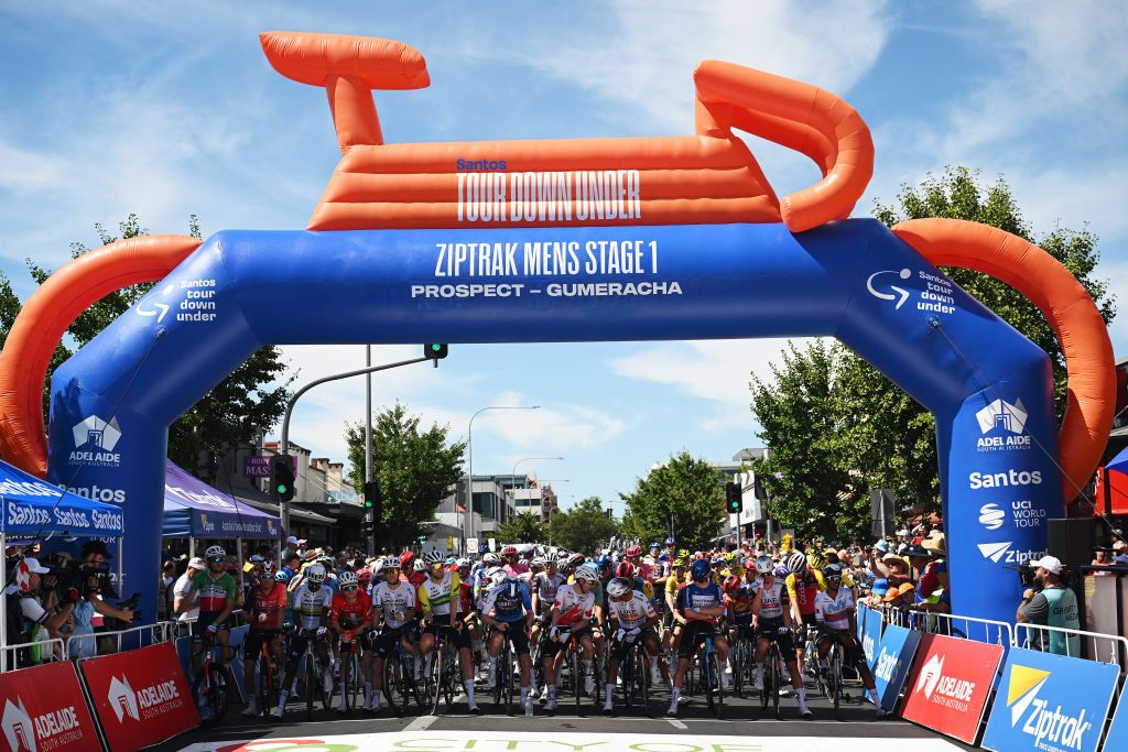 PROSPECT AUSTRALIA JANUARY 21 A general view of the peloton prior to the 25th Santos Tour Down Under 2025 Stage 1 a 1507km stage from Prospect to Gumeracha 342m UCIWT on January 21 2025 in Prospect Australia Photo by Dario BelingheriGetty Images