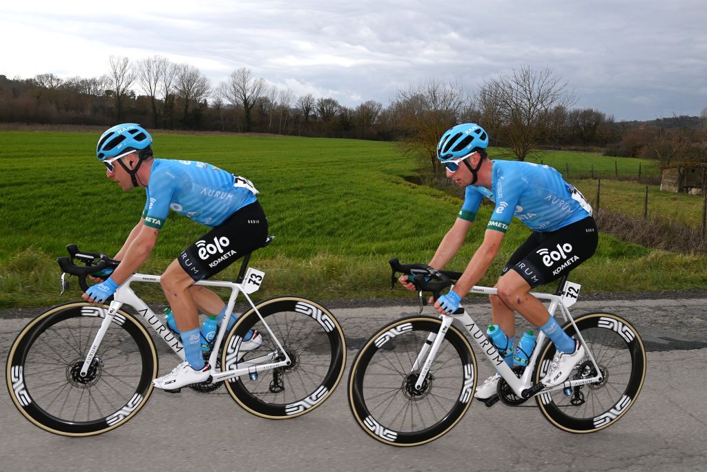 FOLIGNO ITALY MARCH 08 LR Mattia Bais of Italy and Davide Bais of Italy and EoloKometa Cycling Team compete in the breakaway during the 58th TirrenoAdriatico 2023 Stage 3 a 216km stage from Follonica to Foligno 231m UCIWT TirrenoAdriatico on March 08 2023 in Foligno Italy Photo by Tim de WaeleGetty Images