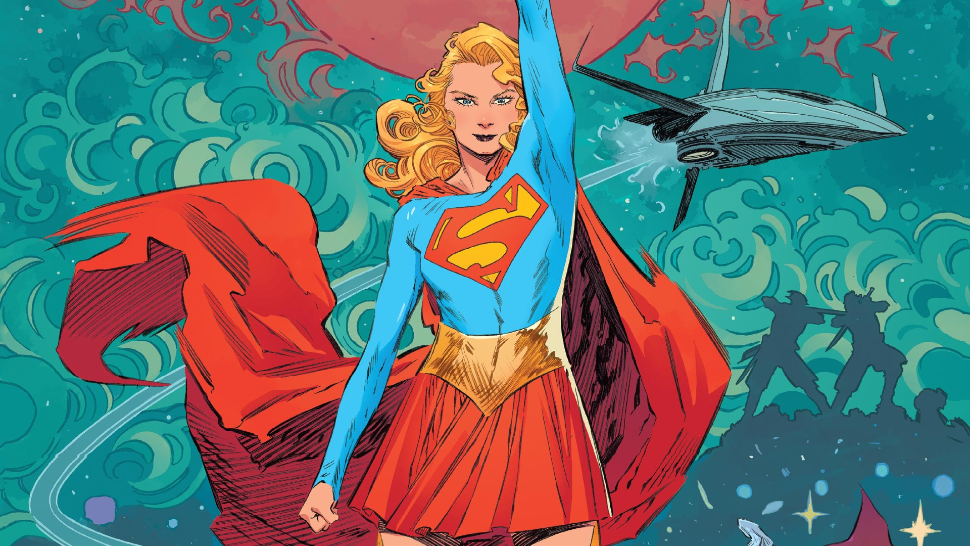 a blonde female superhero in a red and blue costume