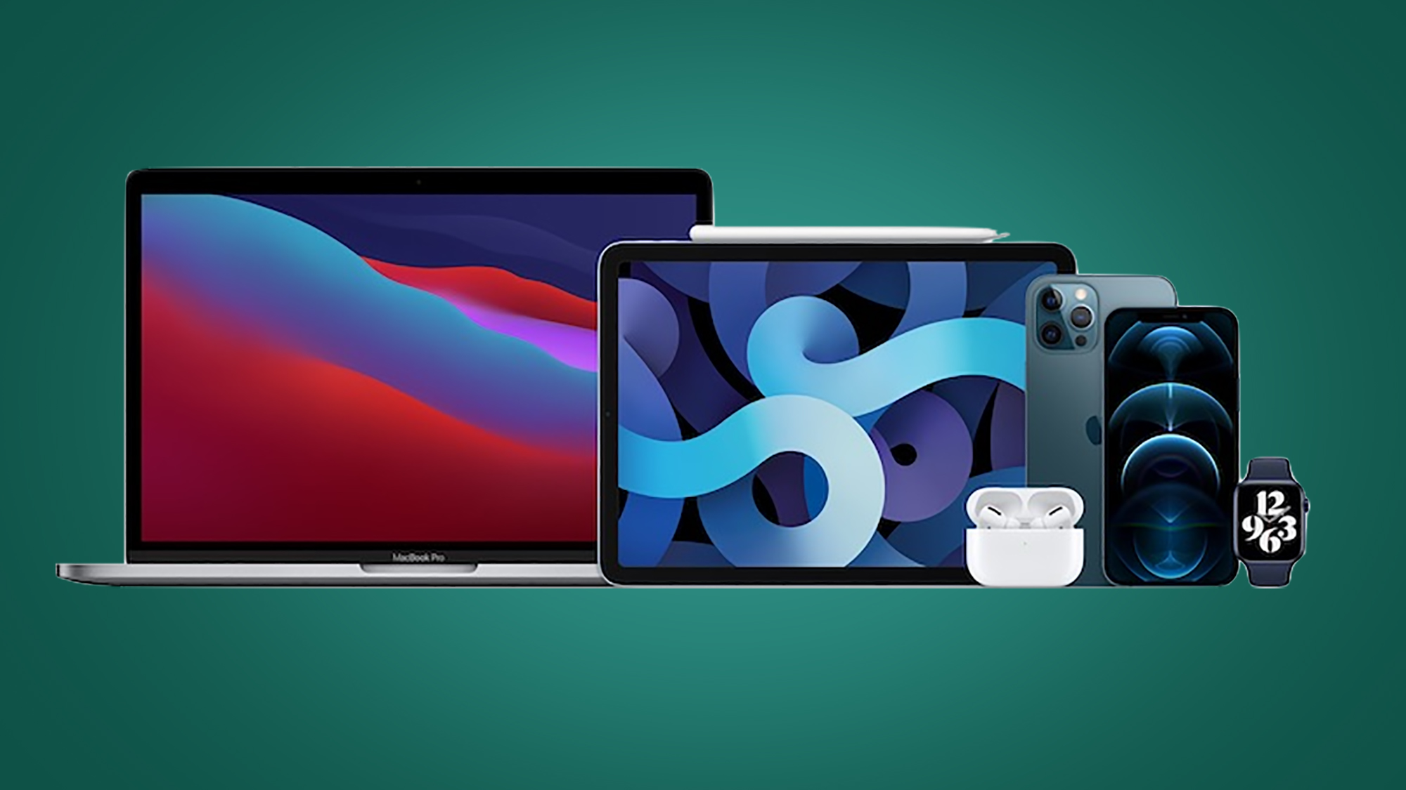 MacBook, iPad, Airpods and other devices on a plain background