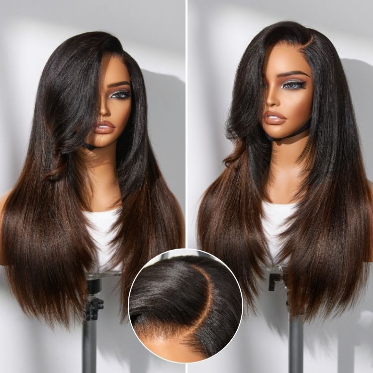 Luvme All-Day Comfort&amp;trade; Wig 180% Density Ombre Brown Butterfly Cut Layered Light Yaki Straight Glueless 7x6 Closure Hd Lace Human Hair Wig Pre-Cut Lace