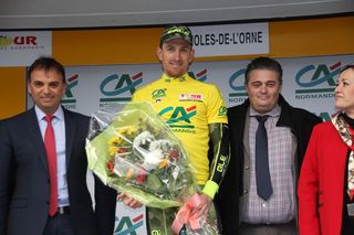 Benoit Sinner in yellow on the stage 4 podium at Tour de Normandie