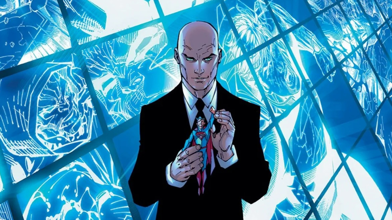 Comic book Lex Luthor. Menacing bold man in a black suit. He is holding an action figure of Superman in his hands.